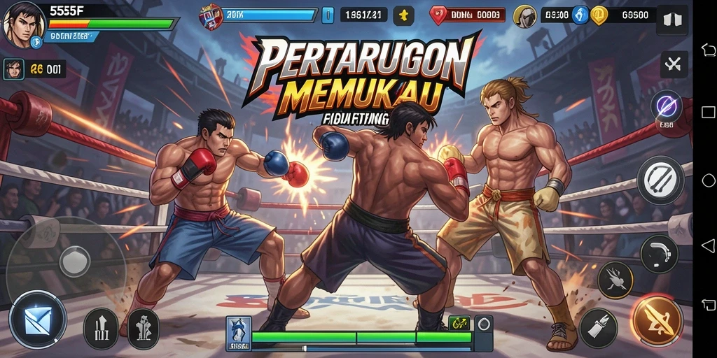 Tampilan seru dari gameplay Fighting 555F dengan karakter yang beragam.