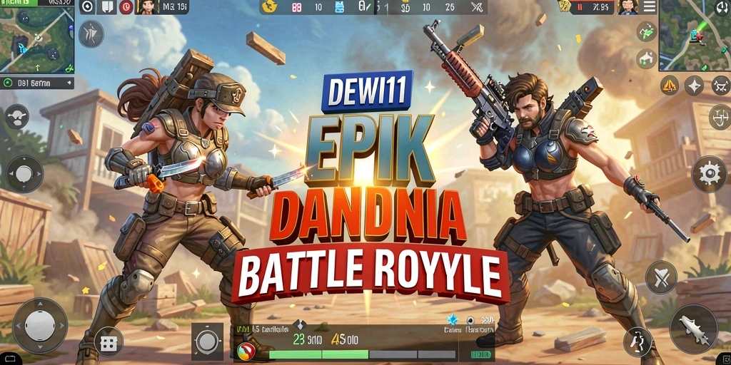 Screenshot utama DEWI11 menampilkan aksi pertarungan Battle Royale yang seru.