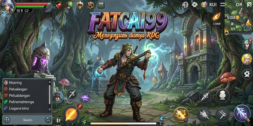 Tangkapan layar utama FATCAI99 menunjukkan pertempuran epik dalam dunia RPG.