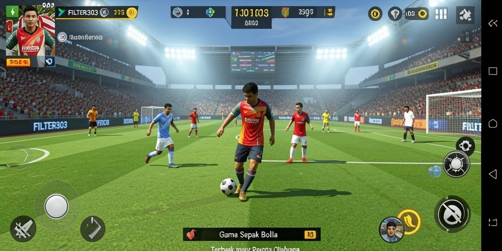 Screenshot menampilkan gameplay sepak bola yang intens dan kompetitif.