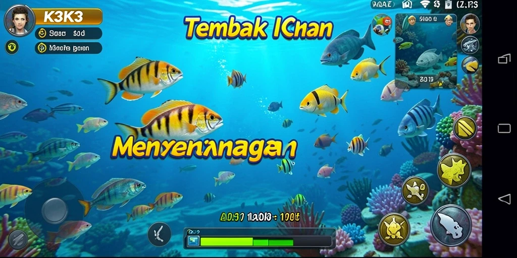 Screenshot gameplay K3K3 menampilkan aksi seru menembak ikan.