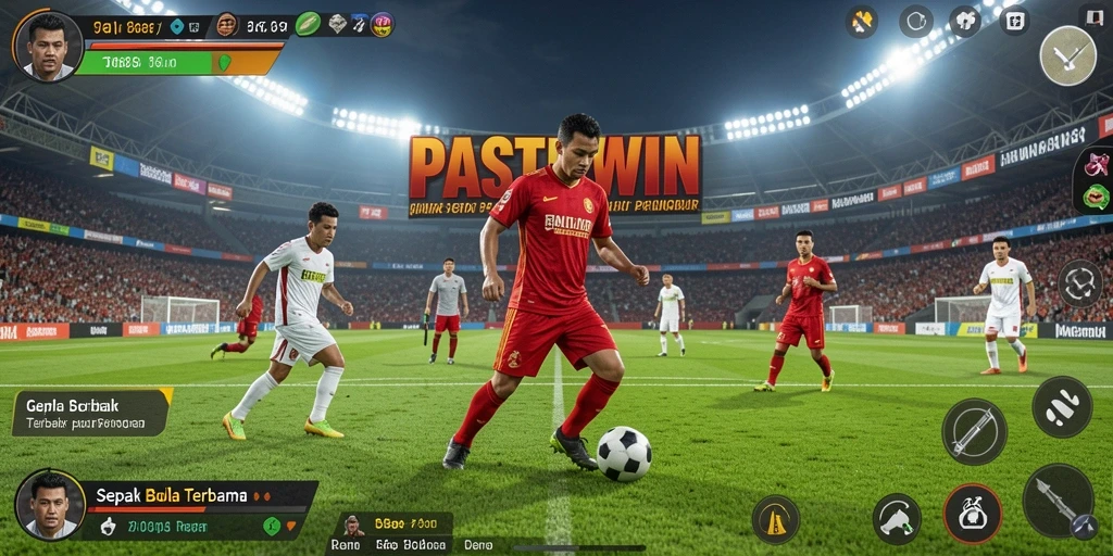 Screenshot utama PASTIWIN menunjukkan aksi mendebarkan dalam permainan sepak bola.