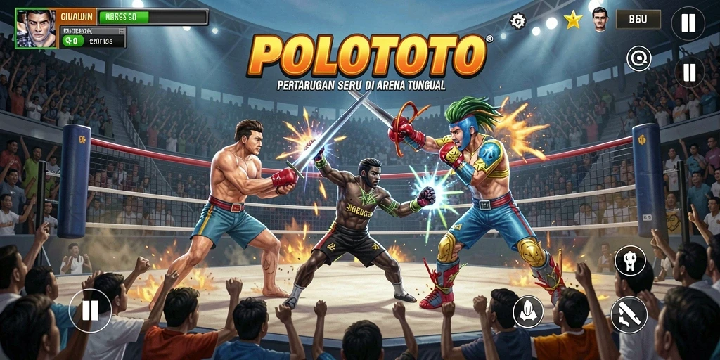 Tampilan gameplay seru dalam pertarungan POLOTOTO.