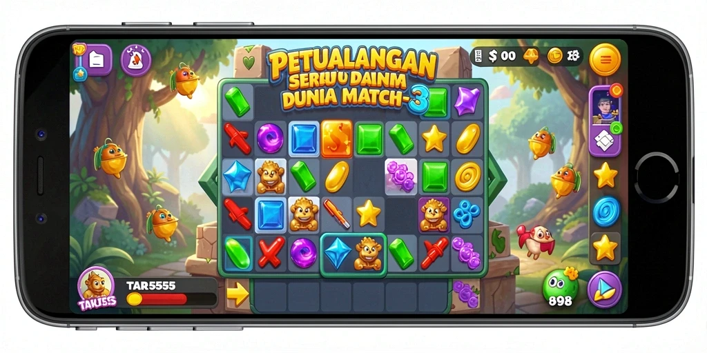 Screenshot TAR555 menampilkan karakter lucu dalam gameplay Match-3.
