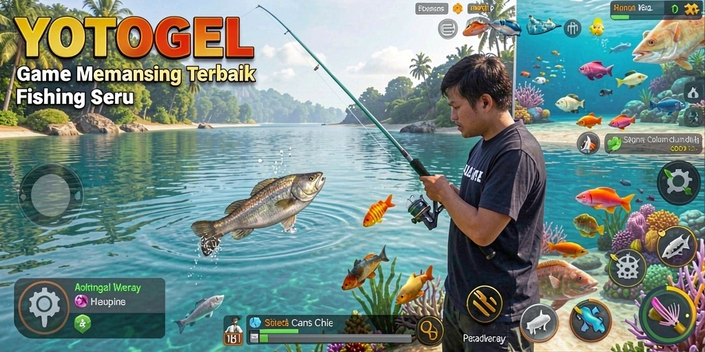 Screenshot utama YOTOGEL menampilkan gameplay seru saat memancing di lokasi indah.